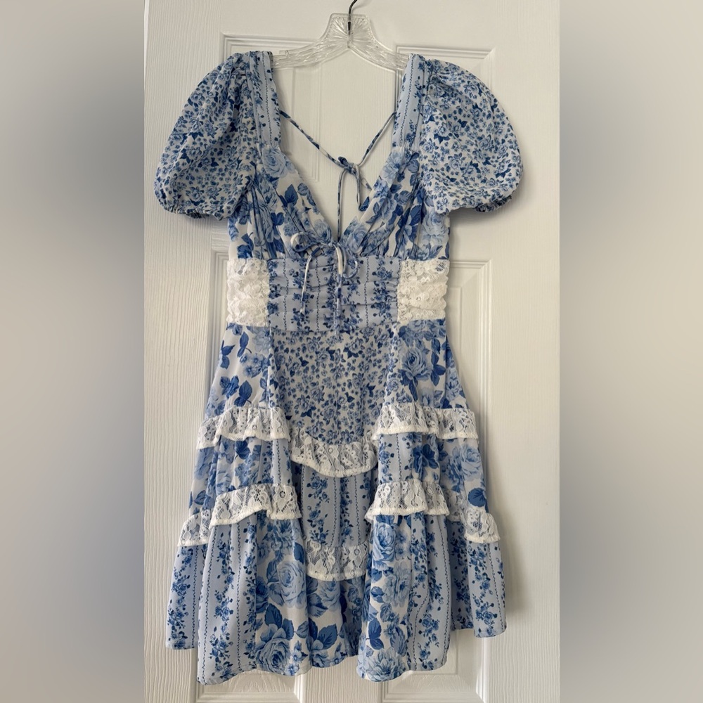 Altar'd State Aderny Patchwork Blue Floral Mini Dress.